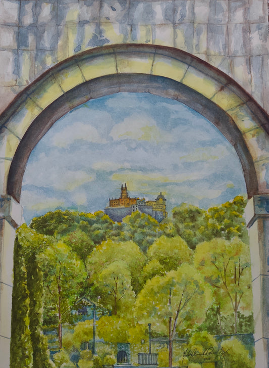 Look through the stone archway of the Valverde Sintra Palácio de Seteais.