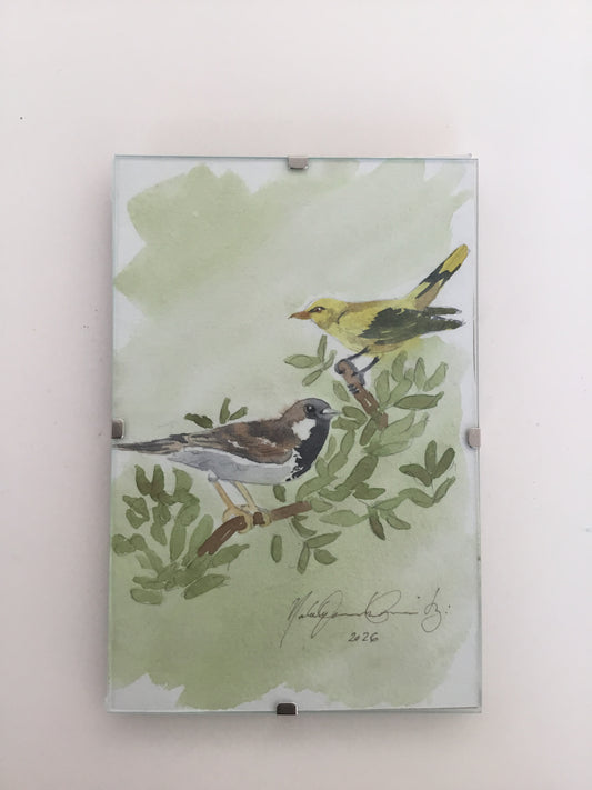 Golden Oriole perched above and a Brown-and-White Sparrow Watercolour Painting
