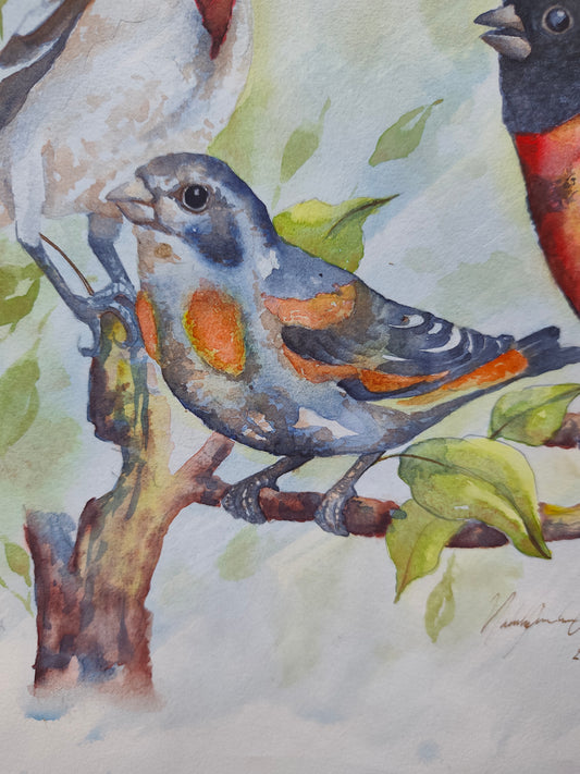 A Few Little Birds by My Door Step Original Watercolor