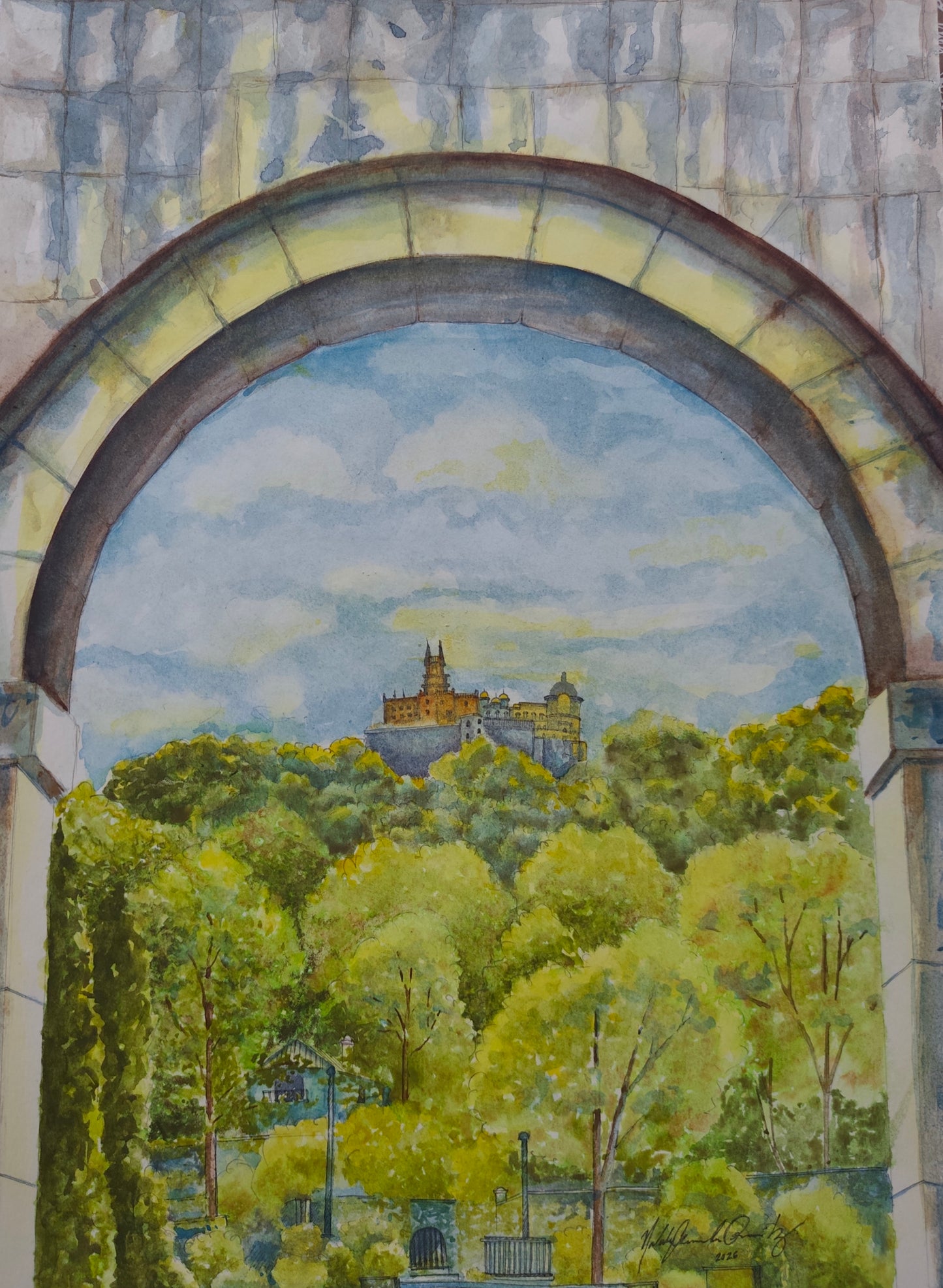 Look through the stone archway of the Valverde Sintra Palácio de Seteais.