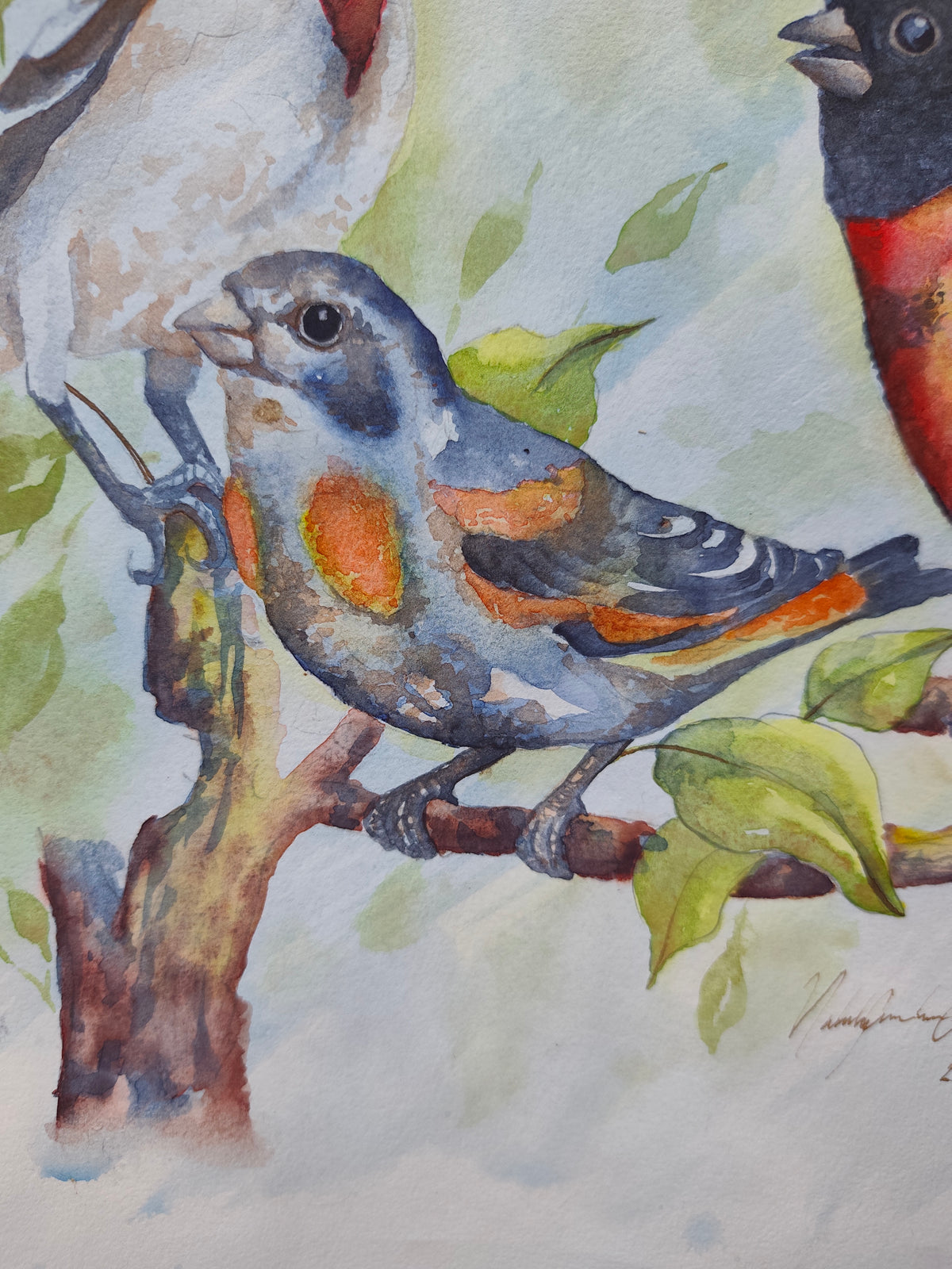 A Few Little Birds by My Door Step Original Watercolor