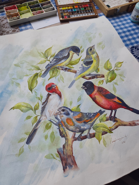 A Few Little Birds by My Door Step Original Watercolor